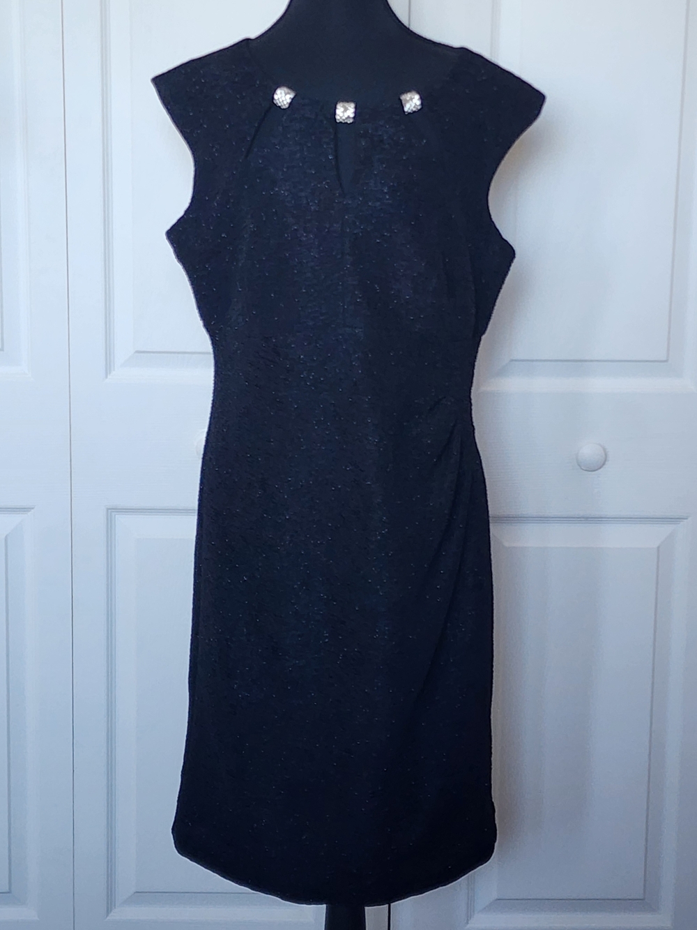 R&M Richards Black Sparkle Midi Dress with Jeweled Neck